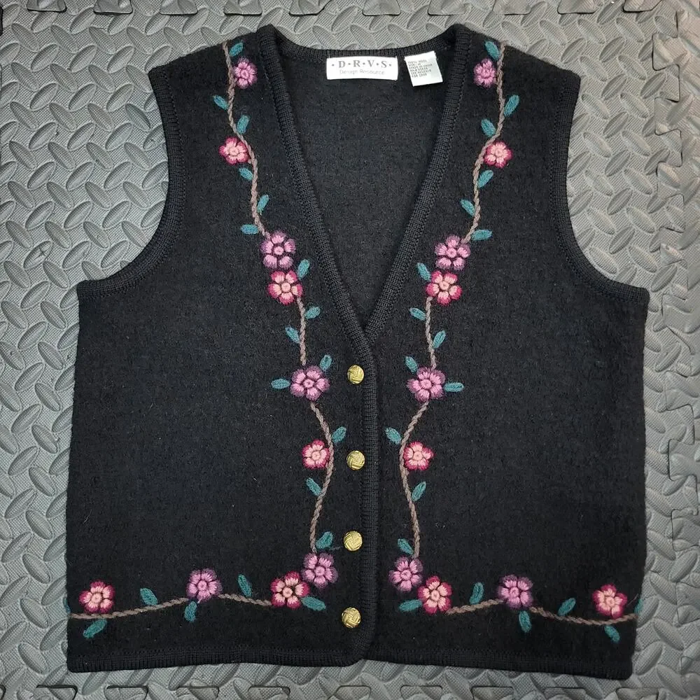 Vintage Wool Embroidered Vest Floral Boho Cottagecore Fairycore Coastal Grandma